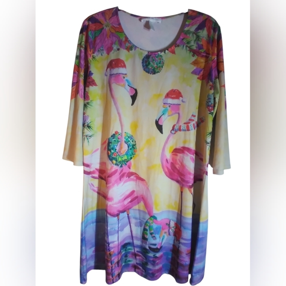 Vtg Ellen Negley Colorful Flamingo Print Dress Size Pl Artsy Long Sleeve
